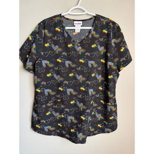 Scrubstar Rainbow Heart‎ Print V-Neck Scrub Top Black Large Pride Nurse Medical